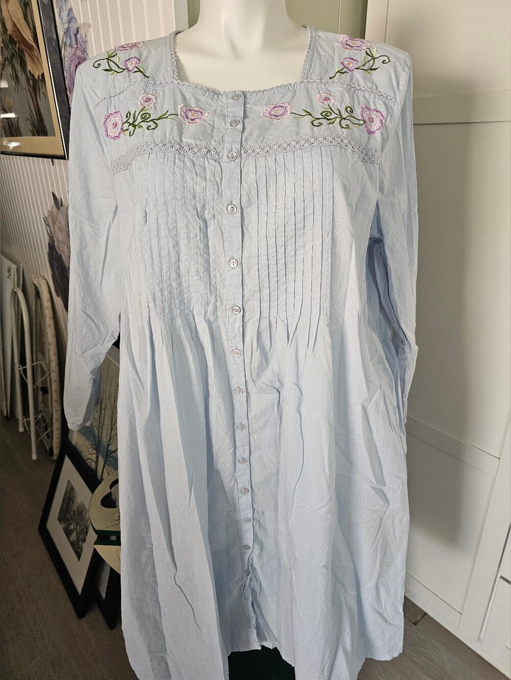 Sawyer Creek 2X Cotton Nightgown Embroidered Button Front Duster Midi Pockets